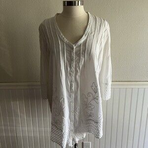 Gretty Zueger Tunic Blouse 100% Cotton Pleated Lace Shabby Chic Cottage White M